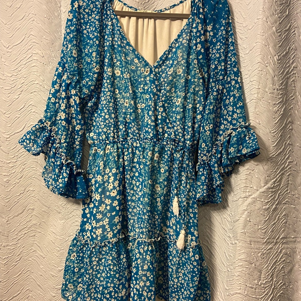 Blush Teal Floral Mini Dress with White Daisy Print